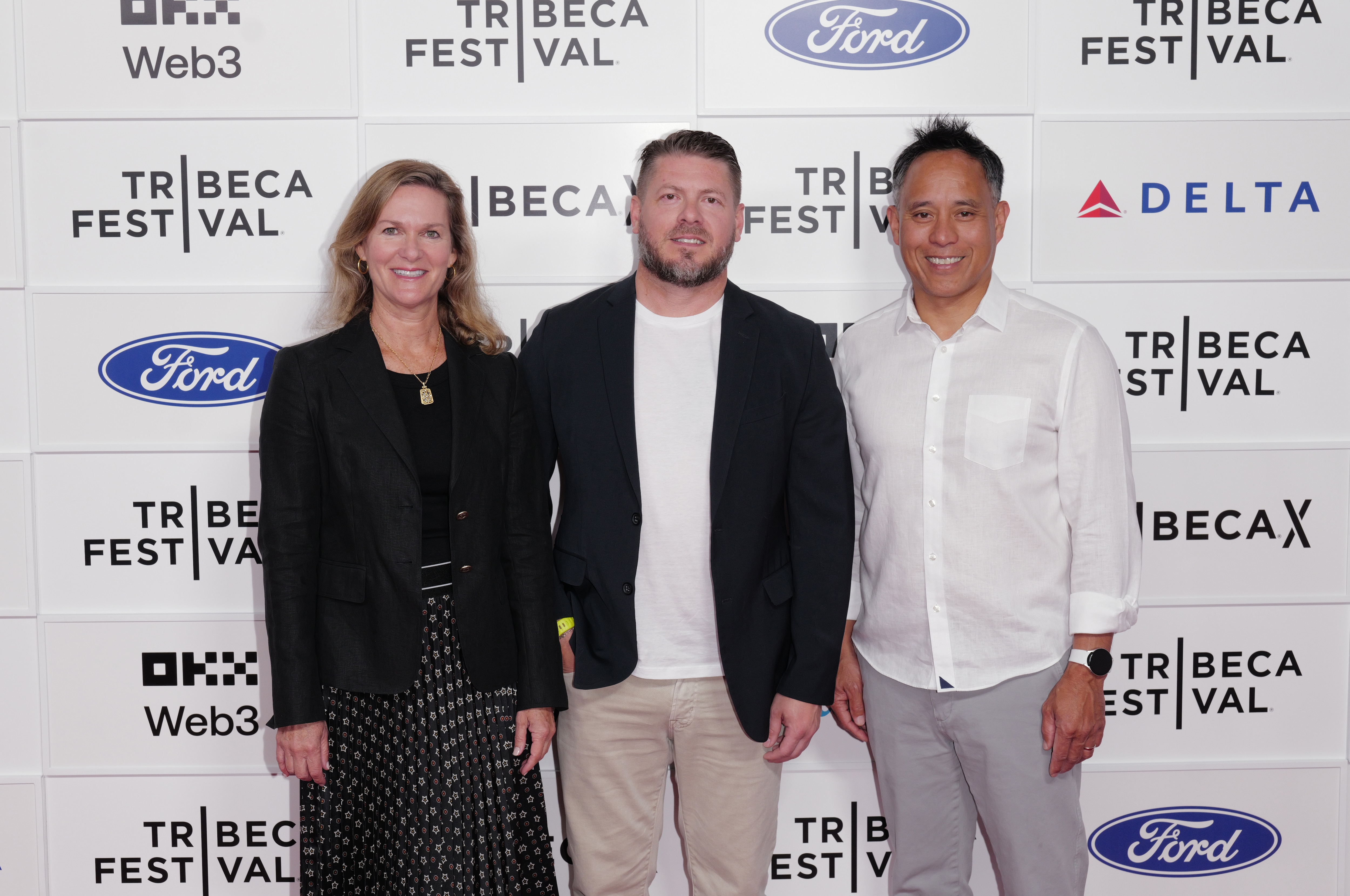 Mary Culler, Joe "JW" Whitley and Art delaCruz attend the Ford and Team Rubicon Premiere "Call to Serve" at Tribeca X and pose for a photo together.